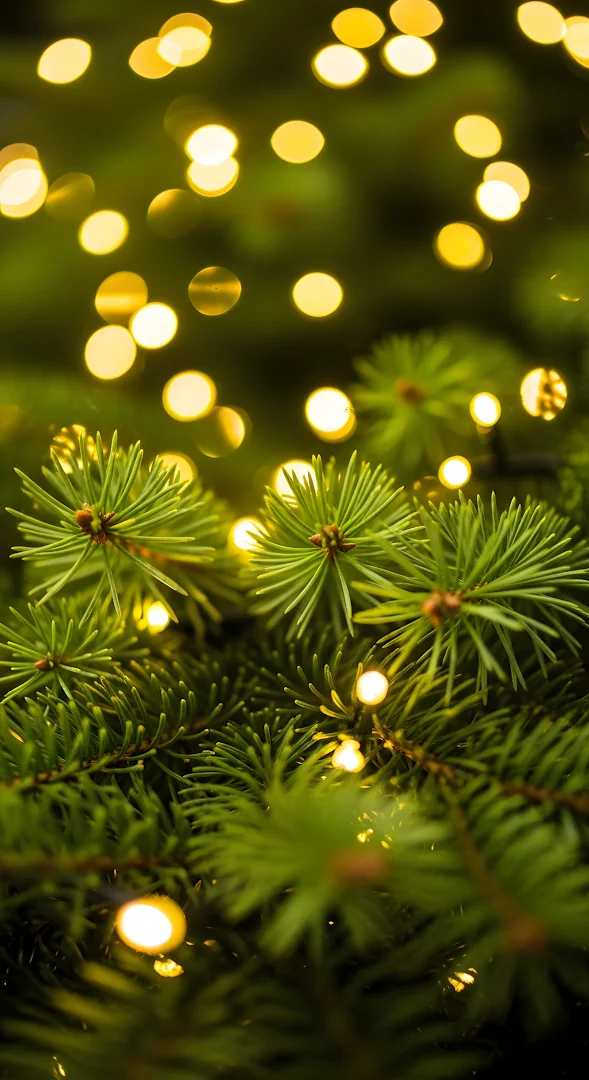 Festive Pine Needles with Golden Bokeh Lights Vertical View