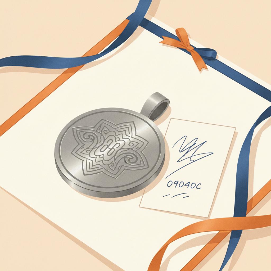 Nahaufnahme eines gravierten Metallanhängers auf Geschenkpapier mit Bändern und Karte – geburtstagsgeschenk ideen, warm-industrial, minimalistischer Stil