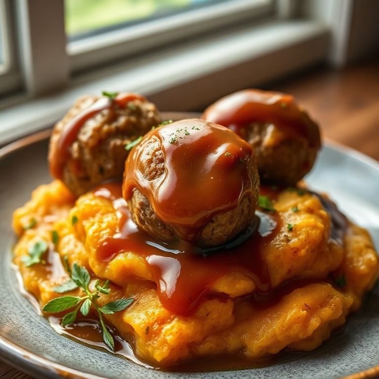 Irresistible Pork Meatballs with Sweet Potato Mash & Bourbon-Maple Sauce – Easy Homemade Dinner finished