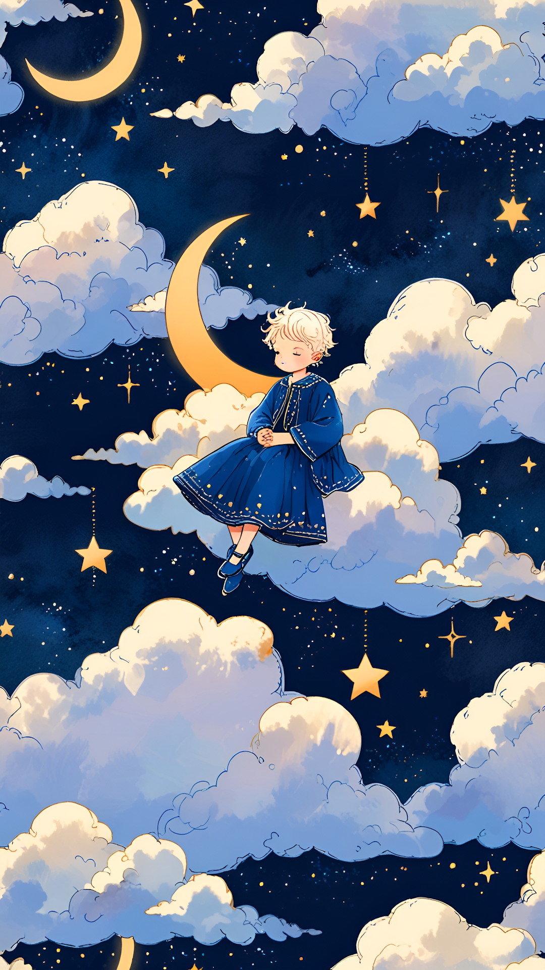 Child in Blue Dress Sitting on Cloud Under Starry Night Sky - Free 4K mobile Wallpaper