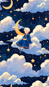 Child in Blue Dress Sitting on Cloud Under Starry Night Sky