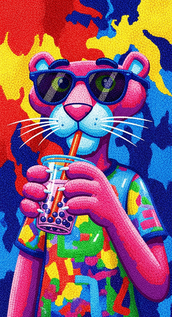 Vibrant Pop Art Pointillism Illustration of a Panther Drinking Bubble Tea