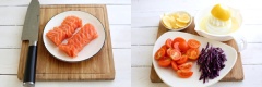 Bông cải cắt nhỏ, rửa sạch. Đun sôi nồi nước, cho bông cải vào luộc 2 - 3 phút rồi vớt ra nước lạnh và lấy ra cho ráo nước. Cá hồi cắt miếng vừa ăn. Cà chua bi rửa sạch, cắt đôi. Bắp cải tím xắt sợi.