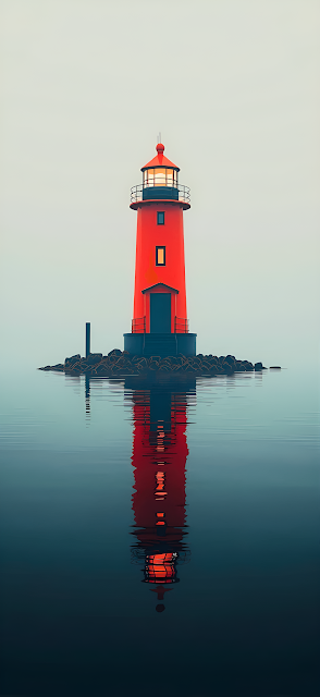 Minimalist Red Lighthouse on Rocks with Water Reflection - Free mobile Wallpaper