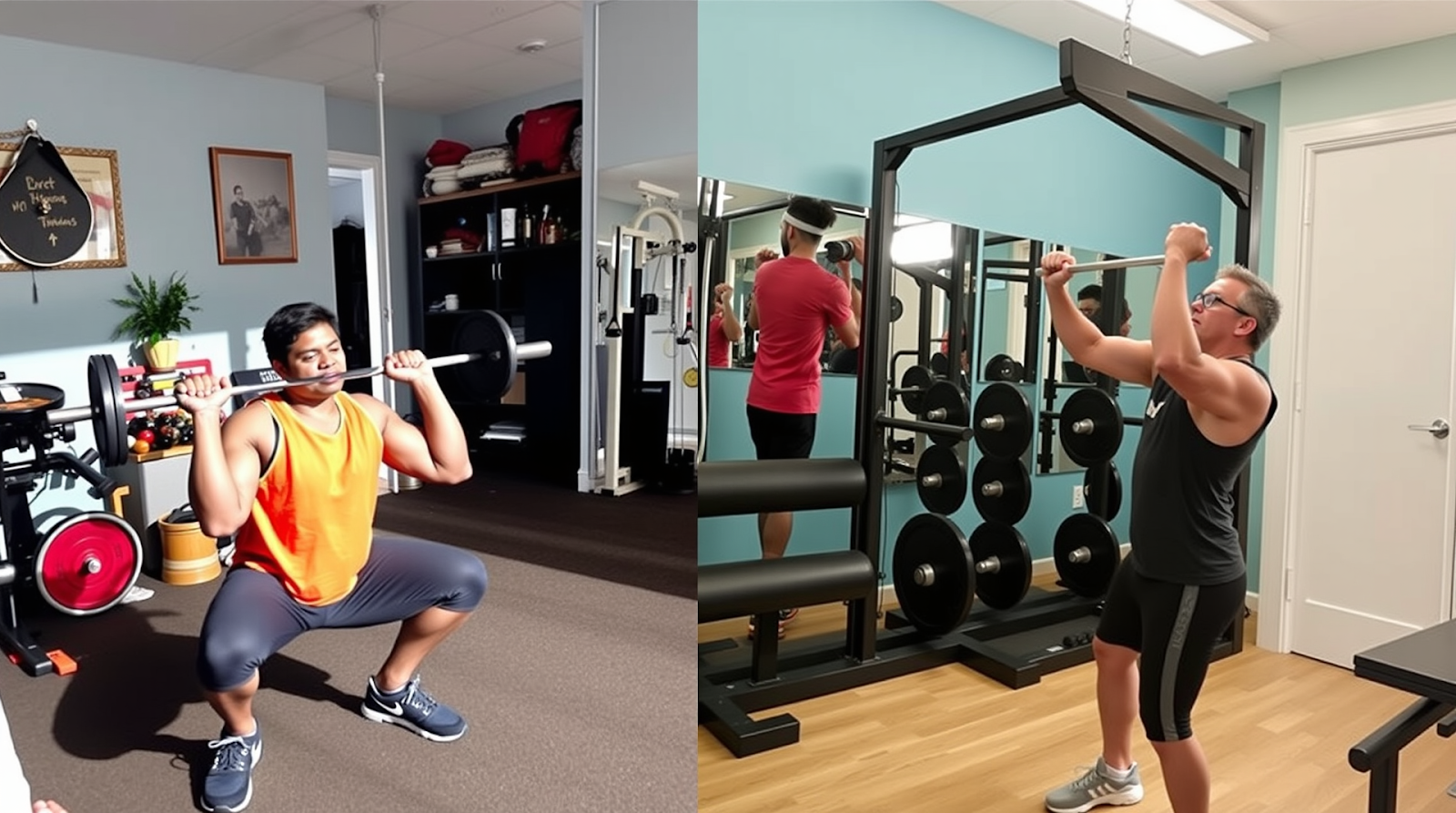 Comparison images: one showing a person doing squats at home, another showing a person using a lat pulldown machine at the gym.