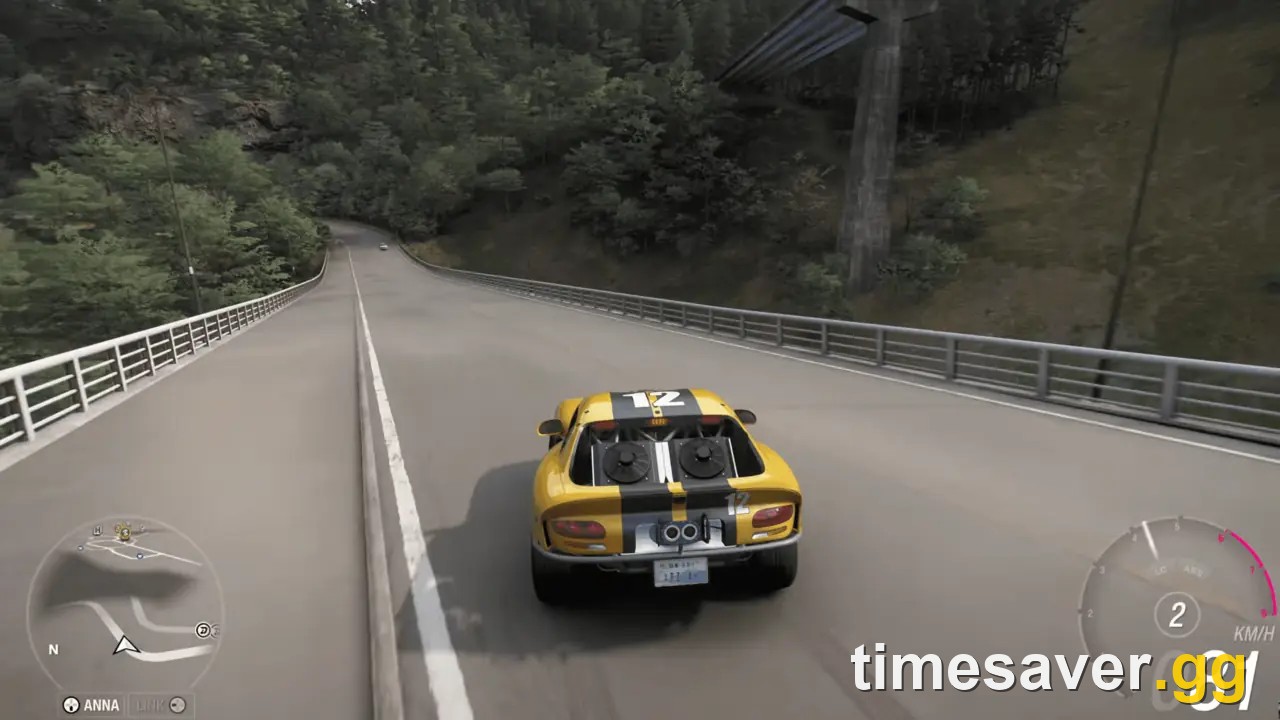 Forza Horizon 6 race-liveried S1 sports car on a mountain bridge road — best S1 cars for road racing