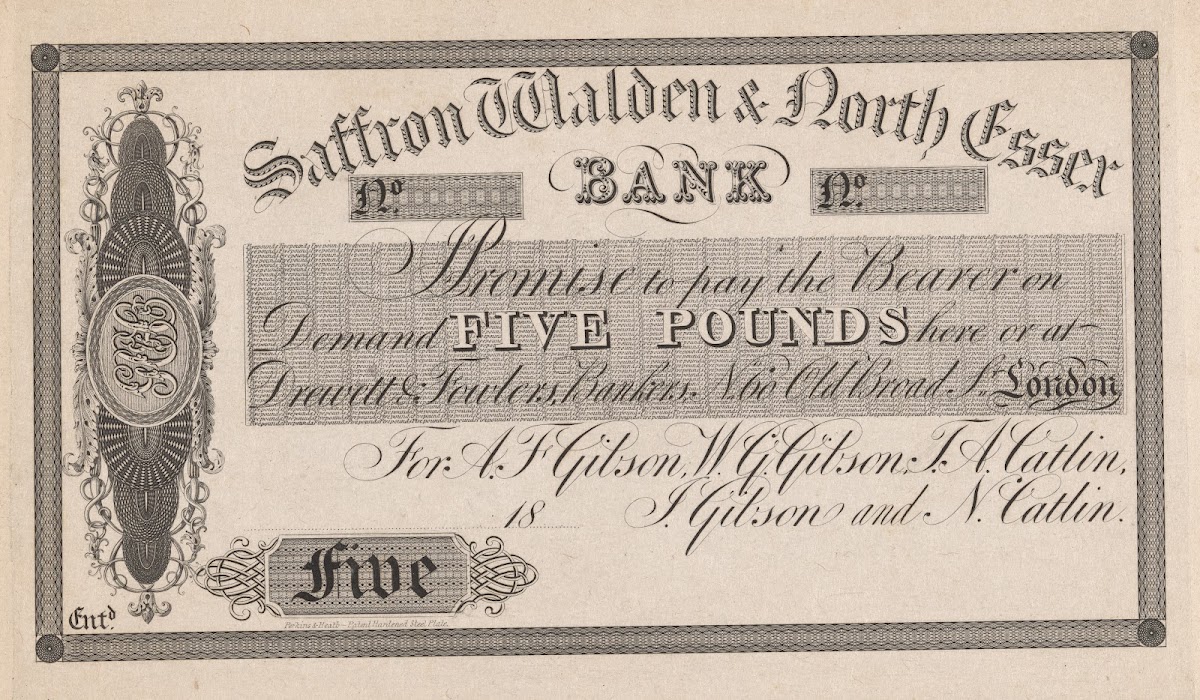 Saffron Walden  North Essex Bank five pound note 1820 1829