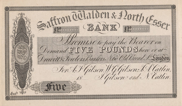 Saffron Walden  North Essex Bank five pound note 1820 1829