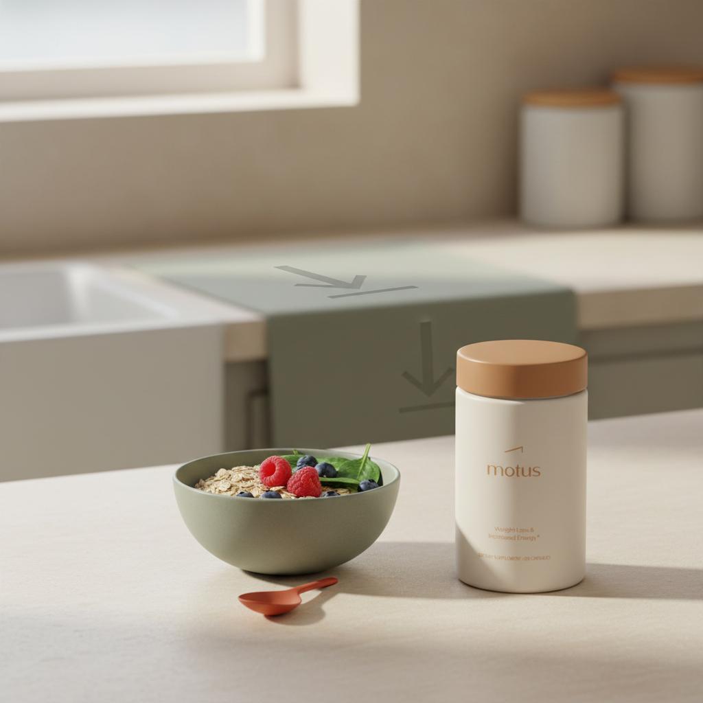 Motus supplement jar on a minimalist kitchen counter with oats, berries, and leafy greens illustrating how long do probiotics take to work for weight loss