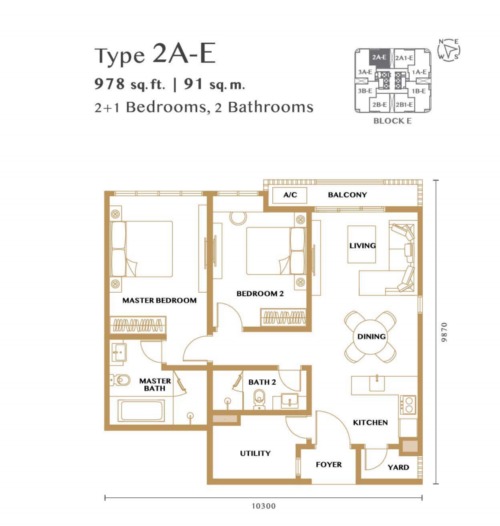Bangsar Hill Park – Verdura (Tower D and E) Type 2A-E floor plan — 1127 sq ft, 3 bedrooms