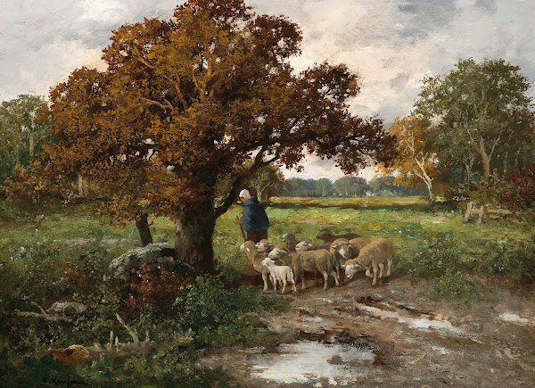 A Shepherdess with a Flock of Sheep