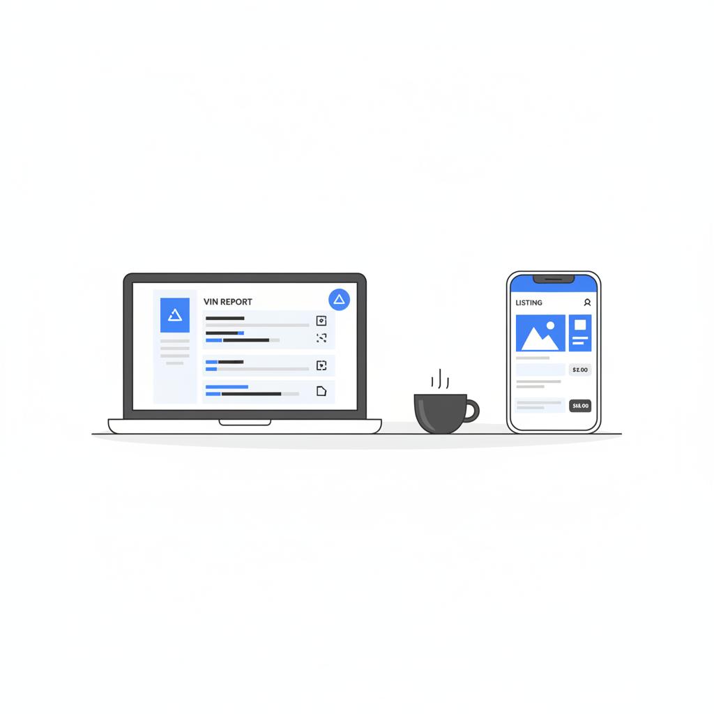 Minimalist 2D vector illustration of a laptop and smartphone on a white desk showing a stylized VIN report and listing tiles representing a used car value estimator