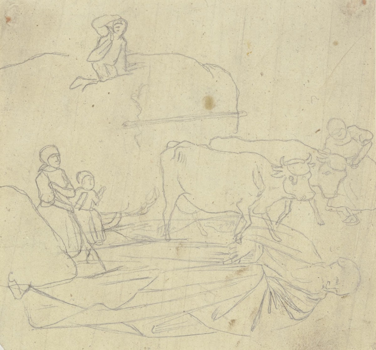 Heuwagen und bärtige Gewandfigur eines Heiligen