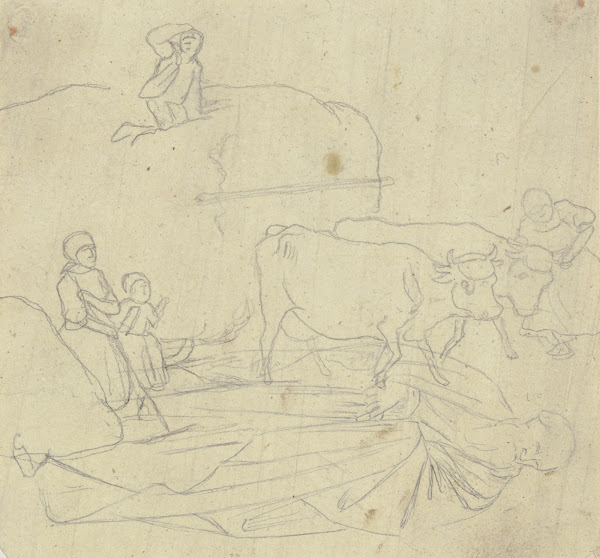Heuwagen und bärtige Gewandfigur eines Heiligen