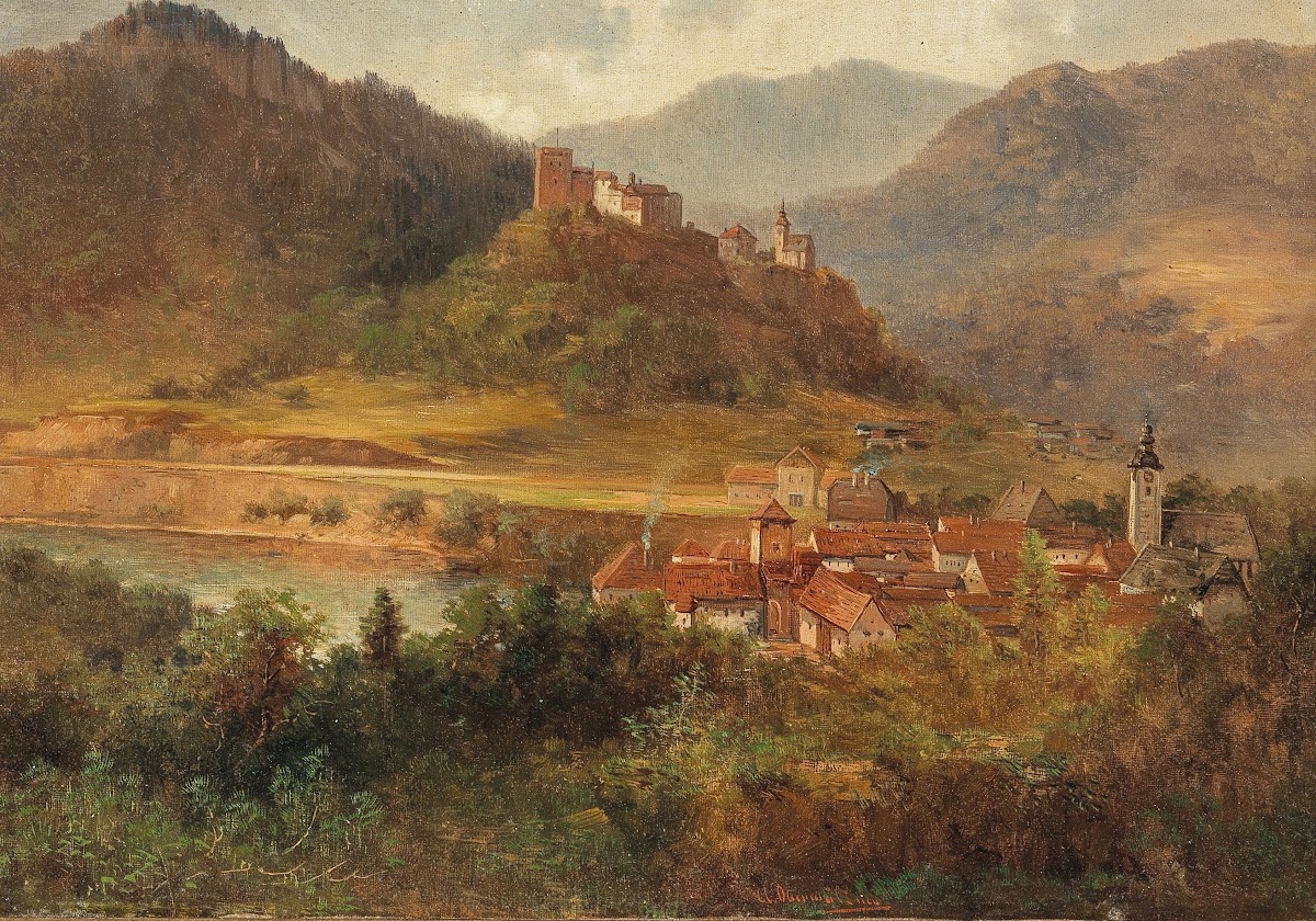 Dorf mit Fluss und Burg