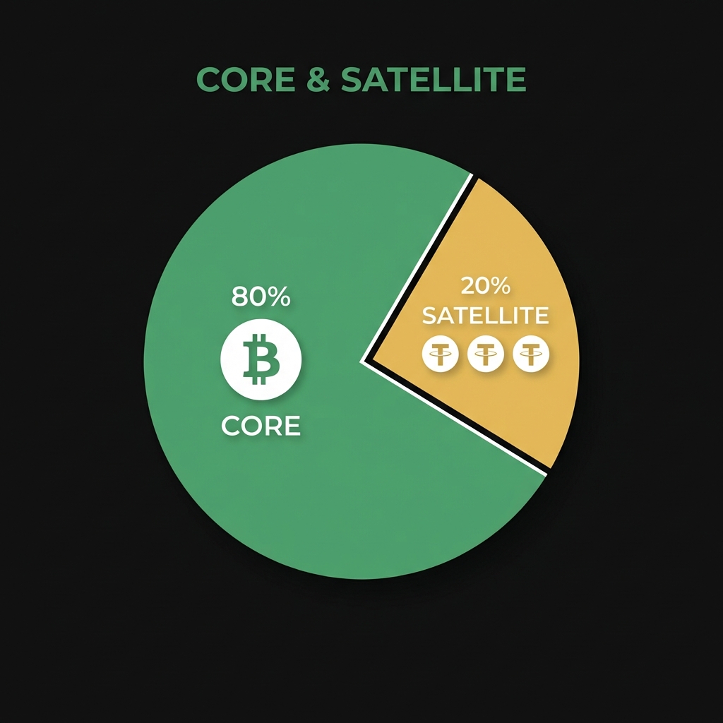 Close up minimalist pie chart split 80 20 labeled core and satellite with Bitcoin icon and small token icons on dark Finance Police background hedge fund crypto
