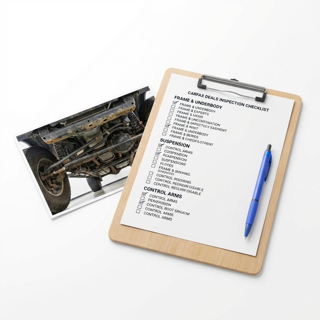 Close up of inspection checklist on clipboard next to Jeep underbody photo for jeeps for sale showing suspension and frame on white background