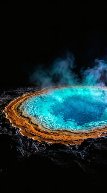 Vibrant glowing neon turquoise and orange geothermal mineral pool surrounded by pitch-black volcanic rock at night.