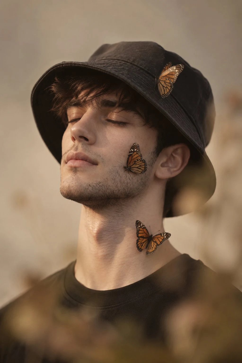 Retrato de moda cinematográfico suave con mariposas