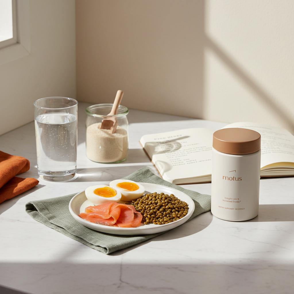 Motus supplement on a marble kitchen counter next to protein-rich foods, psyllium jar, recipe notebook and water glass, suggesting balanced diet as natural Ozempic alternatives.