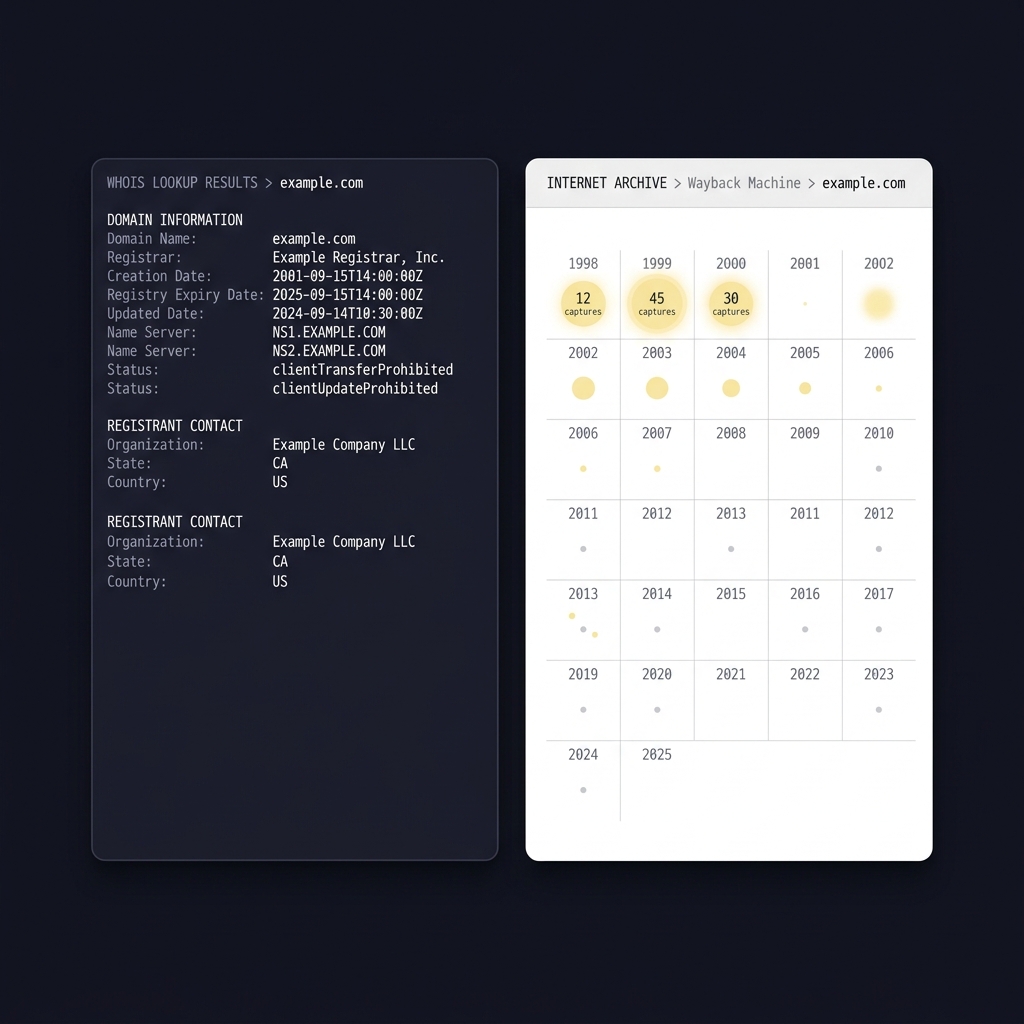 Minimalist full frame screenshot collage showing WHOIS output on left and Wayback Machine calendar on right with early captures highlighted for busr sportsbook research