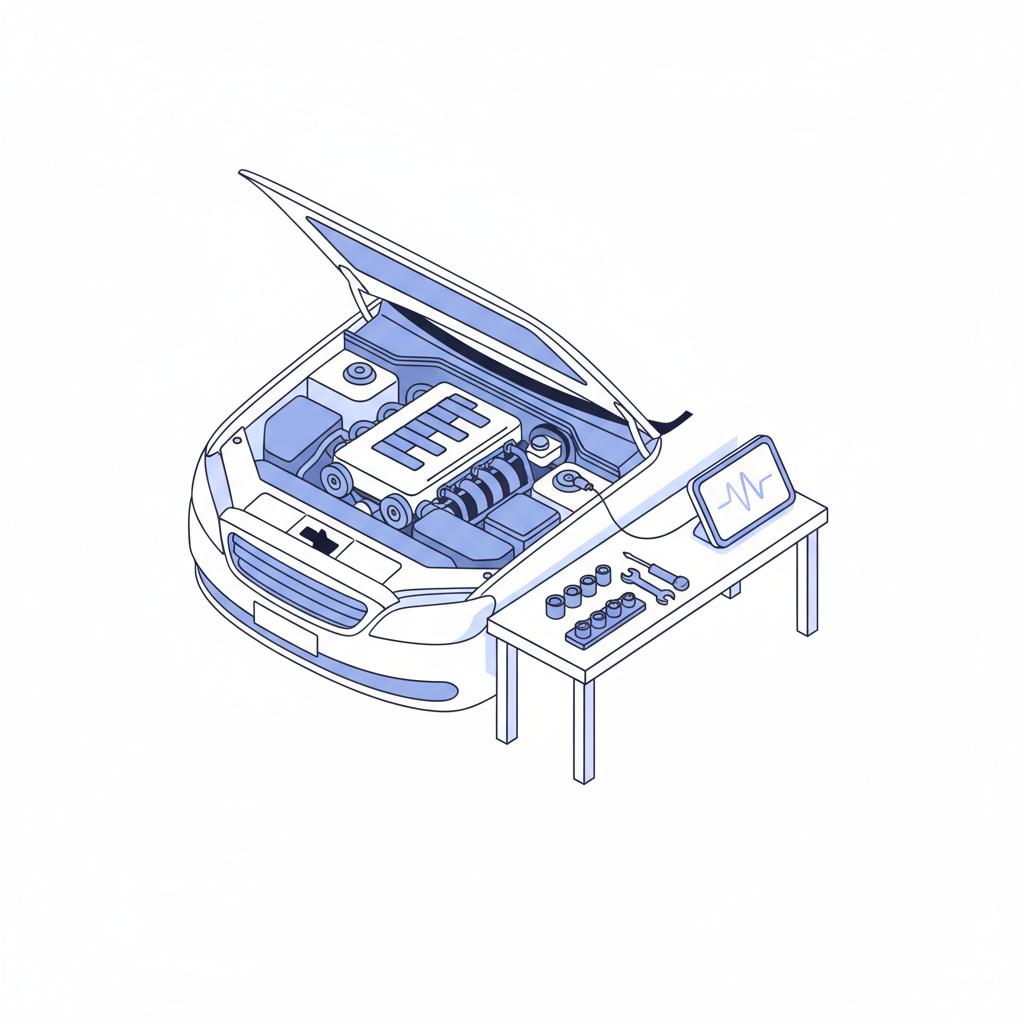 Minimalist 2D vector illustration of a Chevrolet Silverado engine bay with diagnostic scanner connected showing blue signal bars used chevy silverado for sale