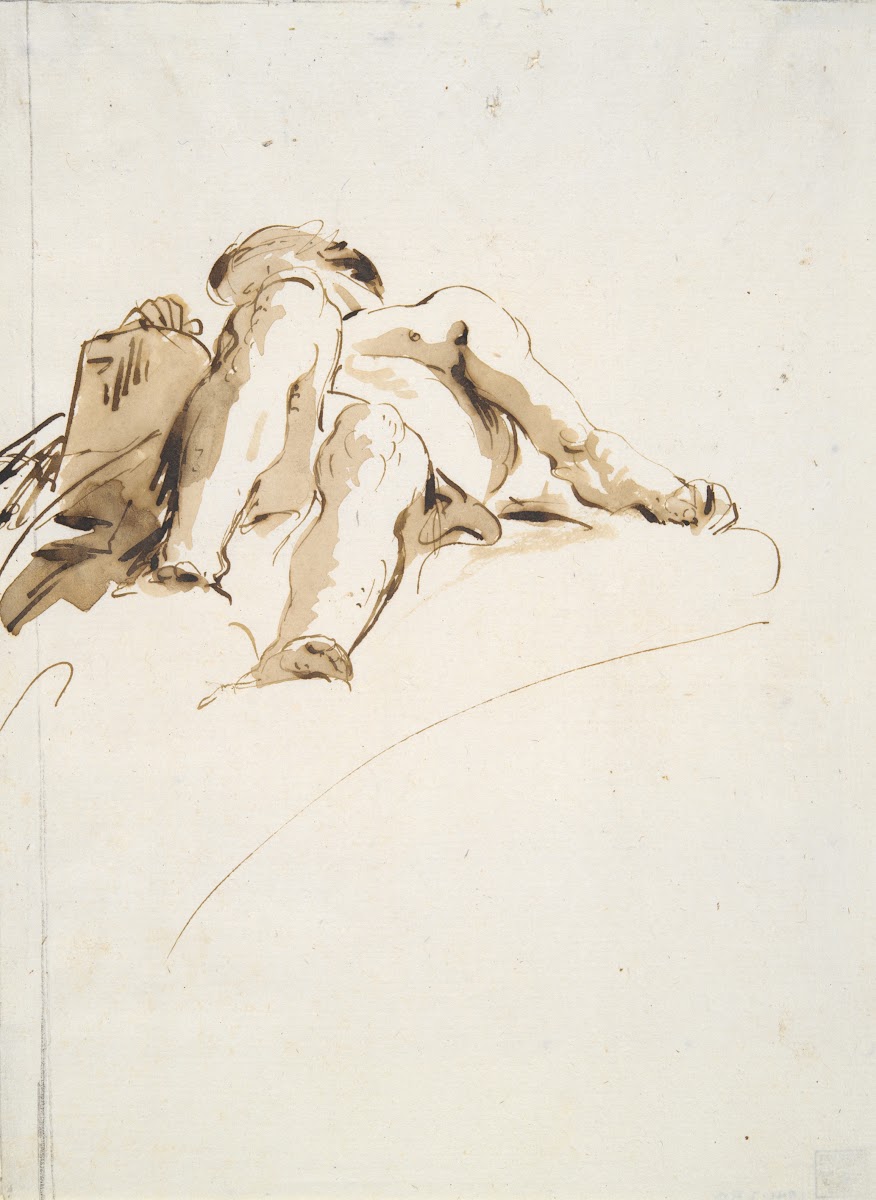 Reclining male nude with right hand resting on a stone tablet seen frombelow ca1