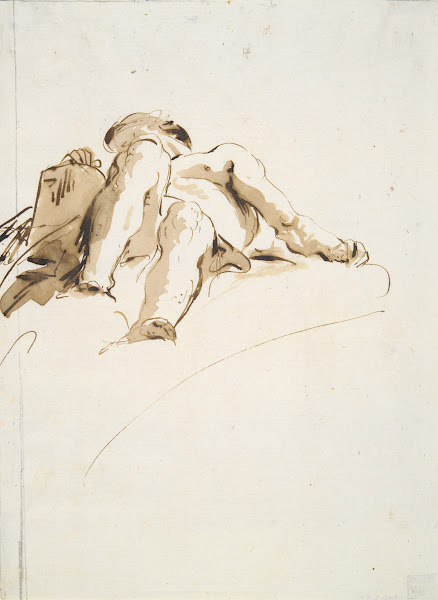 Reclining male nude with right hand resting on a stone tablet seen frombelow ca1