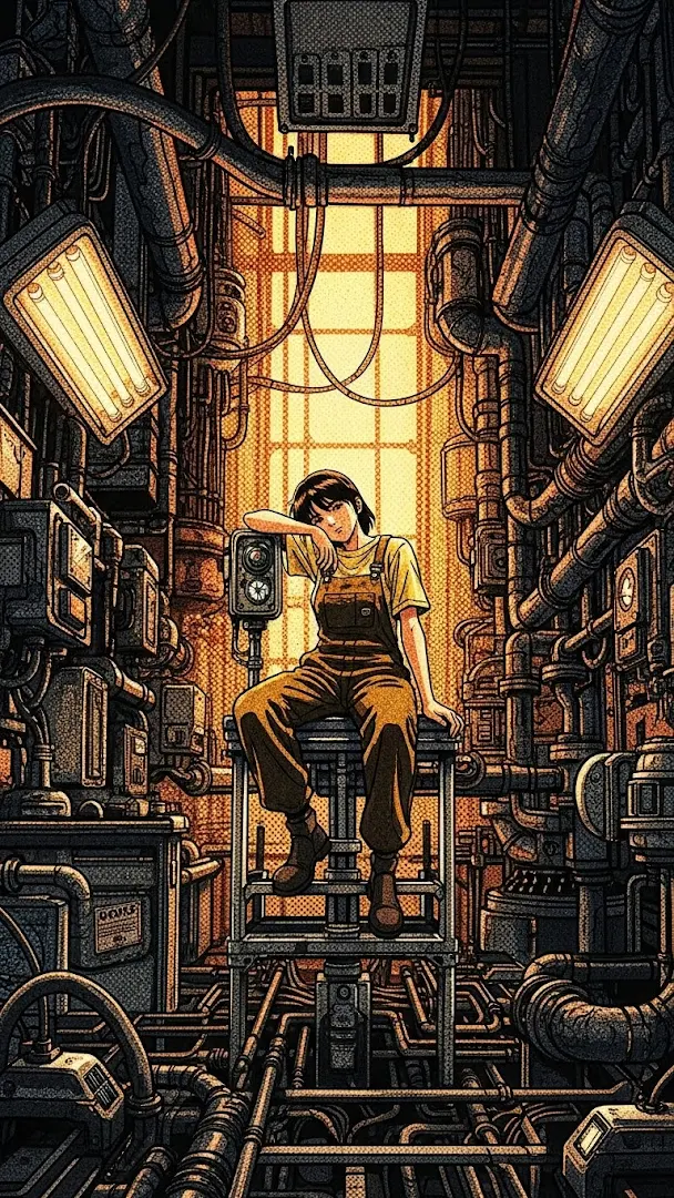 Grungy Anime Illustration of a Female Mechanic Taking a Break in a Factory Setting