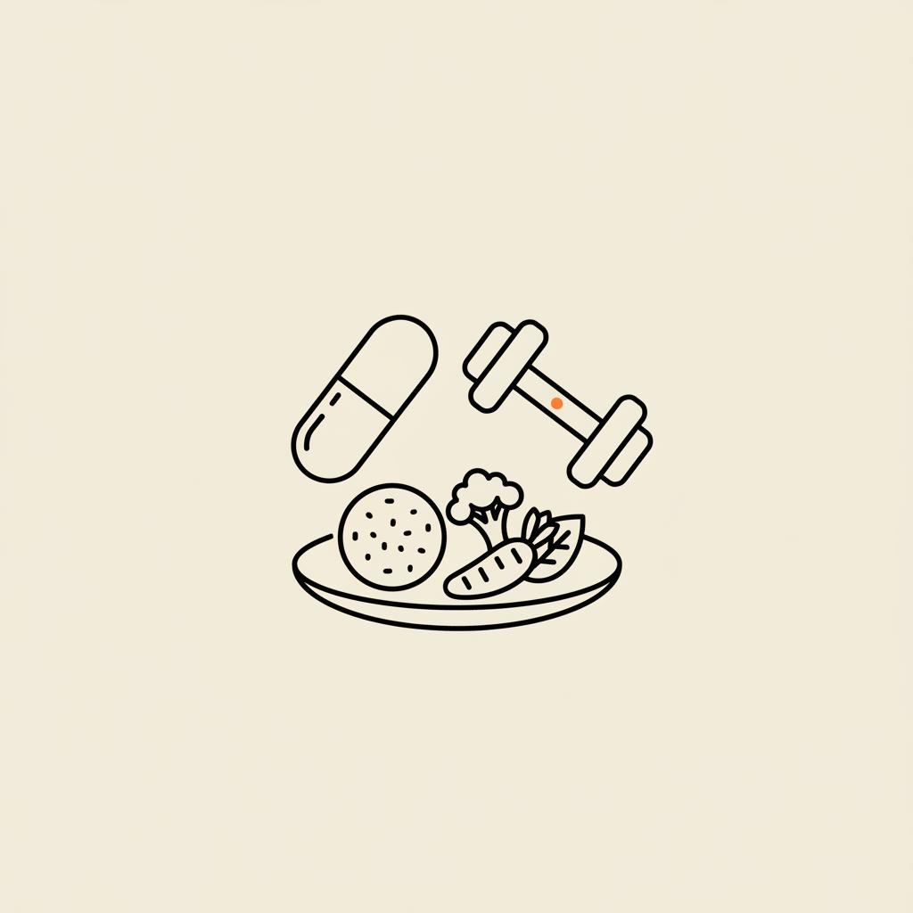 Minimalist Tonum-style line illustration of a capsule, dumbbell, and balanced plate of protein and vegetables representing metabolism boosters