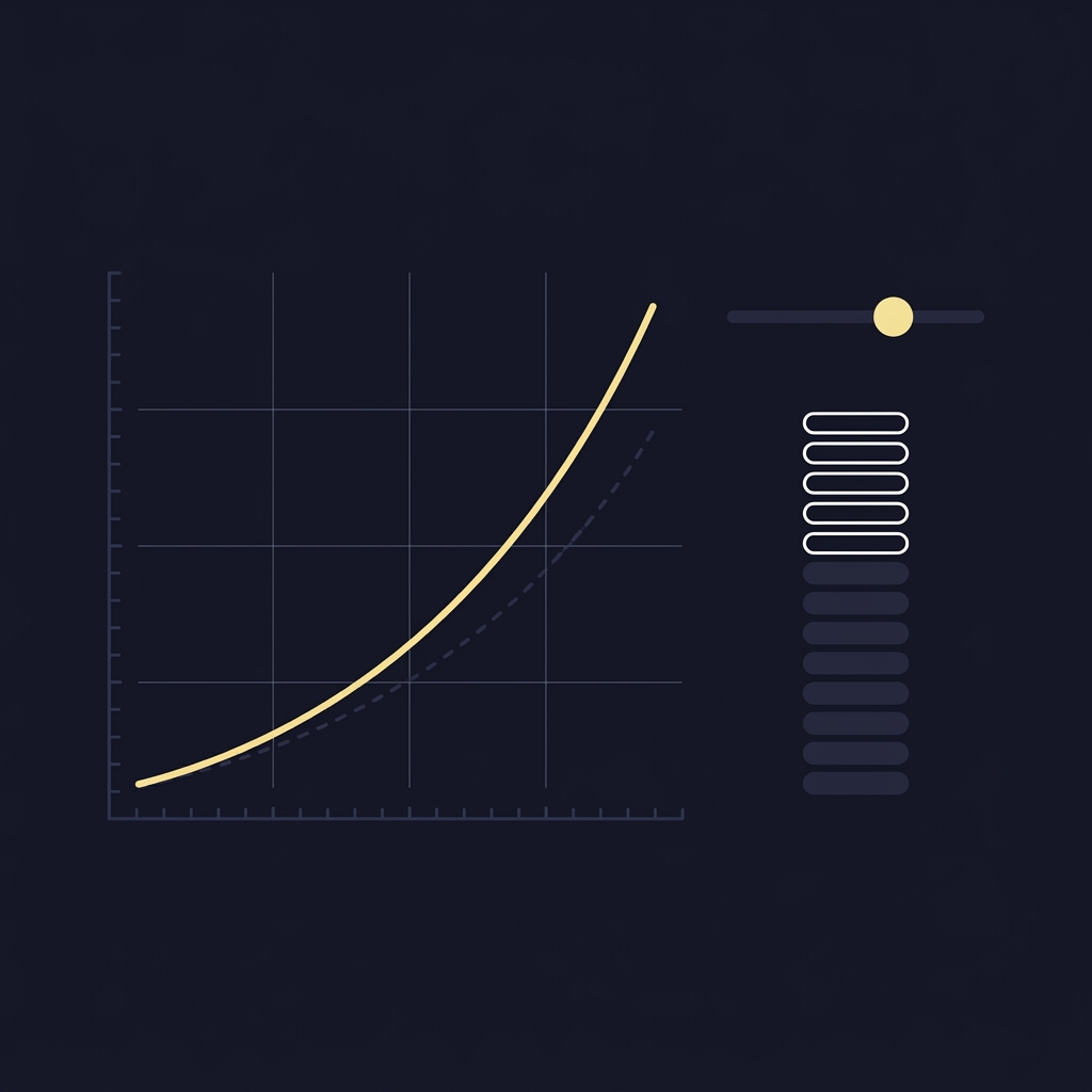 Minimal 2D vector illustration of a Kelly growth chart and risk cap slider visualizing fractional Kelly and drawdown control for Trading NBA Favorites vs Underdogs