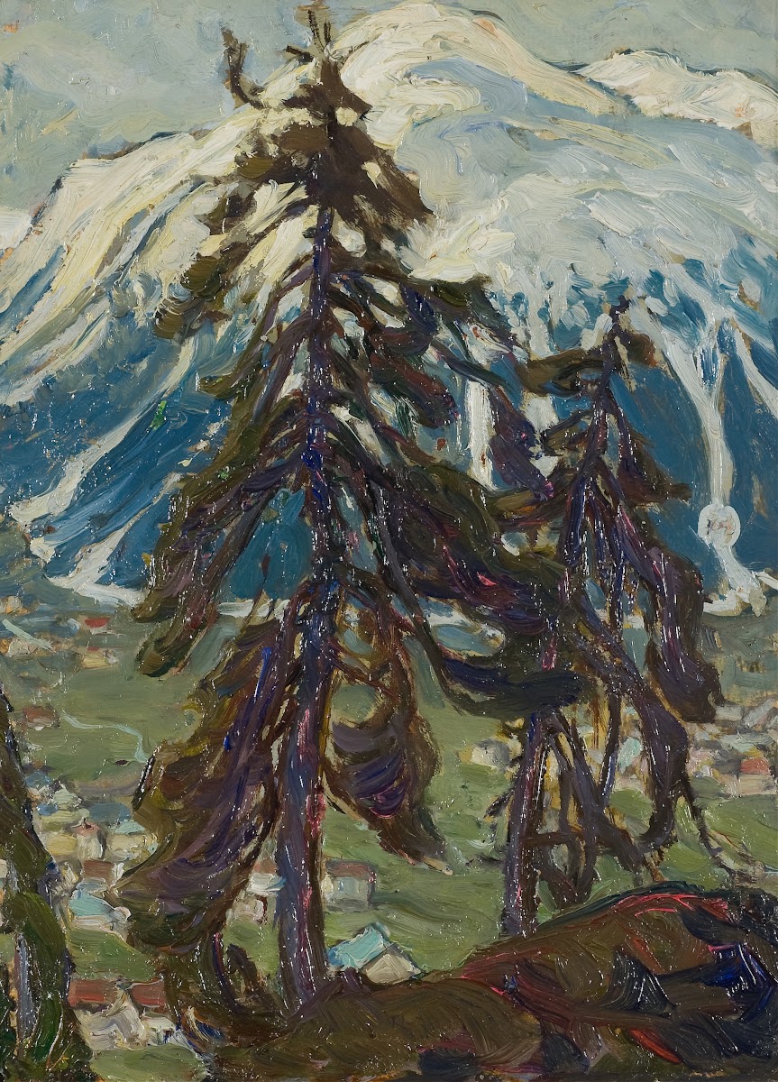 Fir Trees in front of the Mountains Study from North Norway