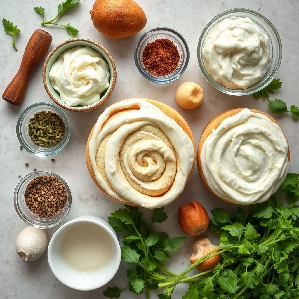 Ingredients for Fluffy Matcha Cinnamon Rolls with Cream Cheese Frosting – Easy Homemade Breakfast