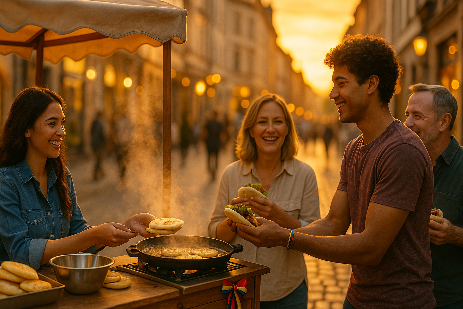 Comunidad venezolana reunida en un puesto pop-up de arepas en una ciudad extranjera al atardecer