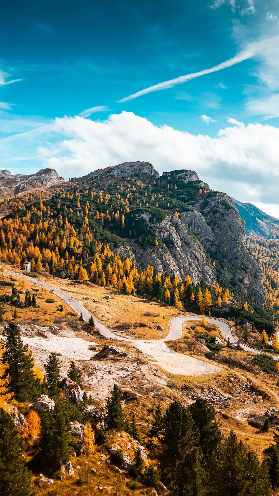 Dolomites, Autumn, Road, Mountains 4K iPhone Wallpaper Background [2160x3840] Free Download