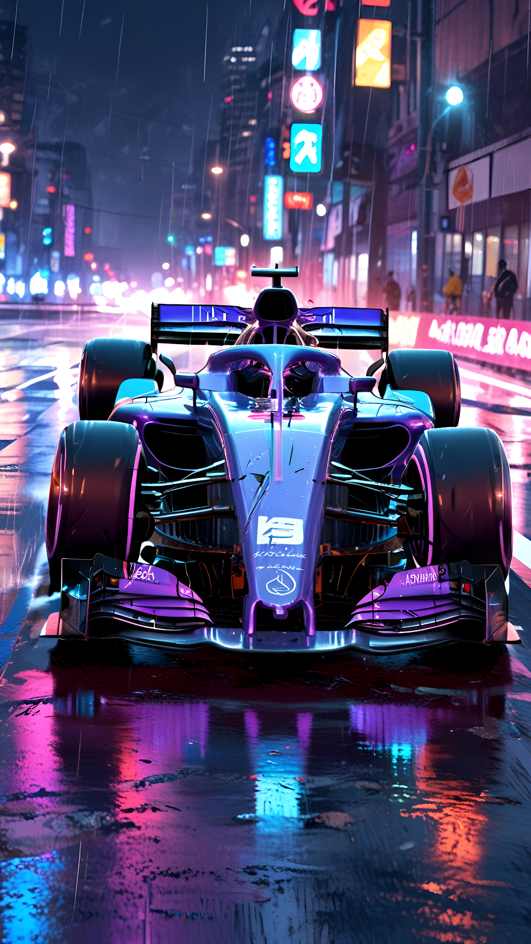 Futuristic Formula Car on Rainy Neon City Street - Free 4K mobile Wallpaper