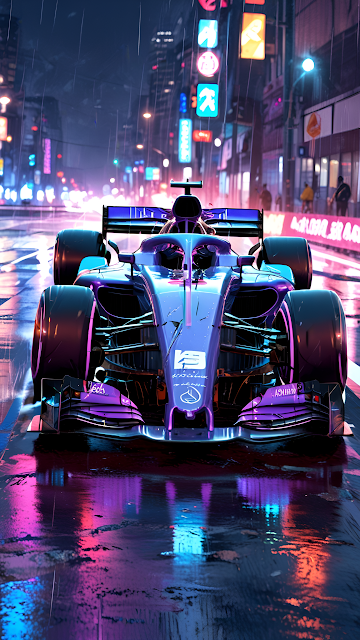 Futuristic Formula Car on Rainy Neon City Street - Free mobile Wallpaper
