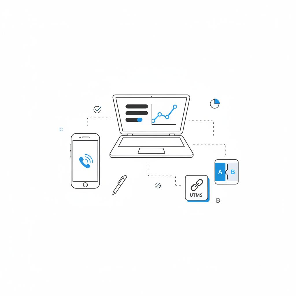 Minimal 2D vector workspace with phone call-tracking icon, laptop analytics dashboard, and sticky-note icons for UTMs and A/B testing on white &mdash; where can I advertise my accounting business?