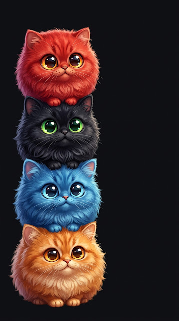 Four Colorful Fluffy Cats Stacked Vertically on the Left Margin - Free mobile Wallpaper