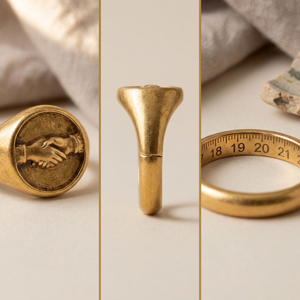 Three detail photos of old greek wedding rings bezel face hoop profile and inner band with measurement scale on neutral background