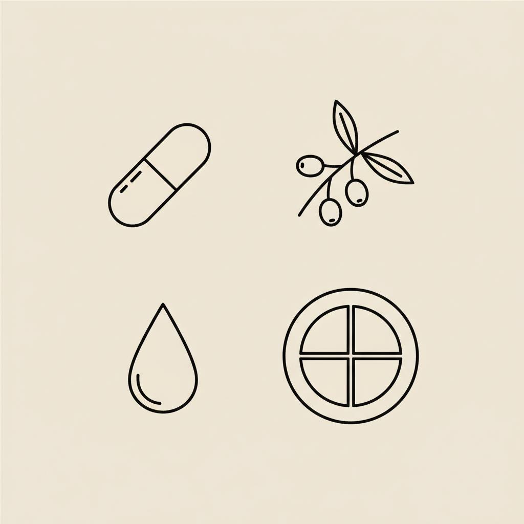Tonum-style minimalist line illustration of a capsule, barberry branch, water droplet and portion-marked plate on beige background — what herb works like Ozempic for weight loss