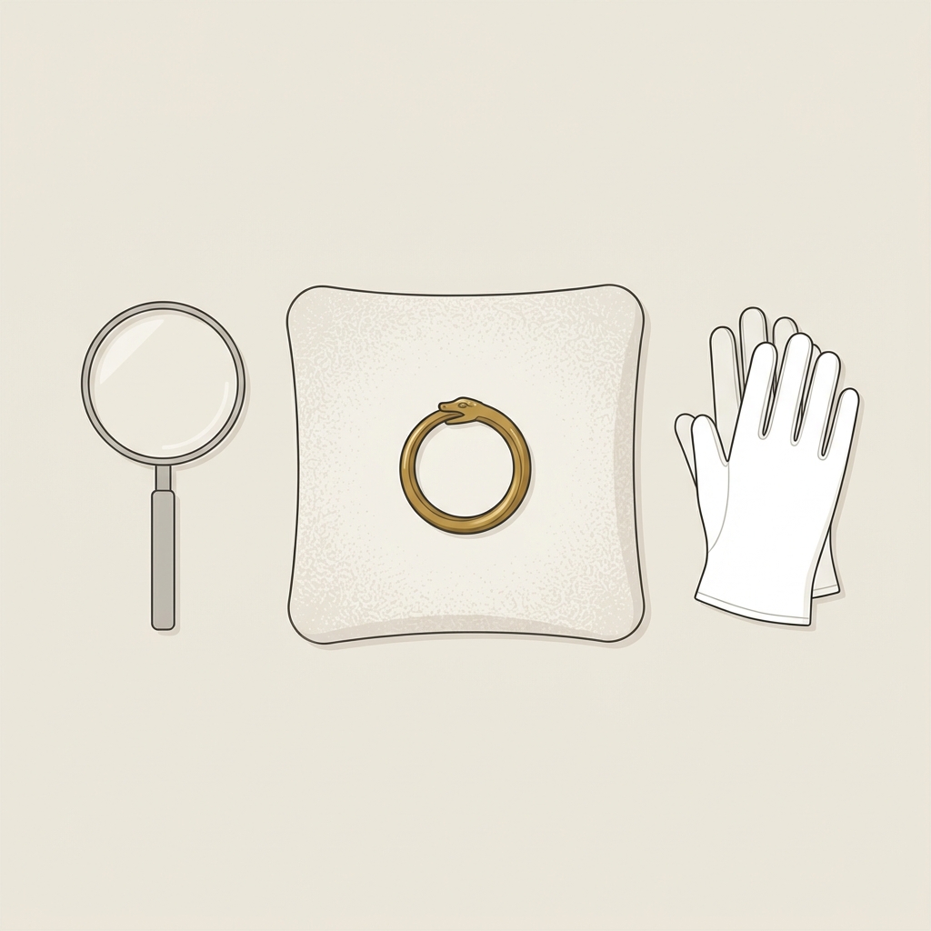 Minimalist 2D vector studio illustration of a conservator workspace with a gold ouroboros ring on a soft pad accompanied by a magnifier and folded cotton gloves