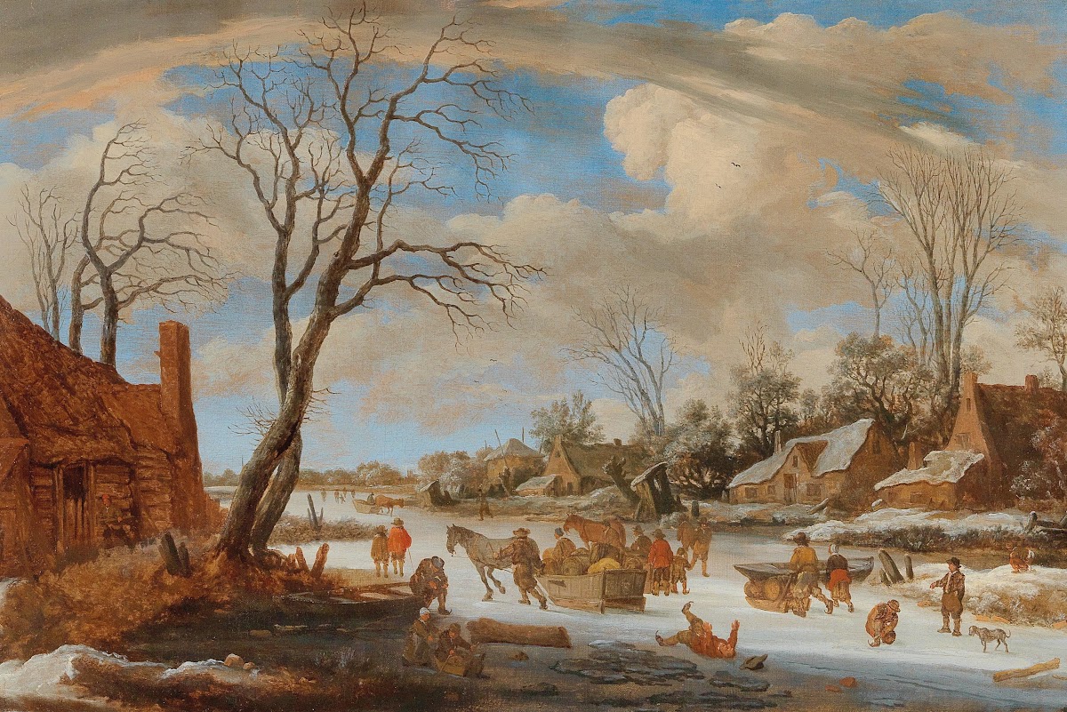 A winter landscape with travellers and other figures on ice
