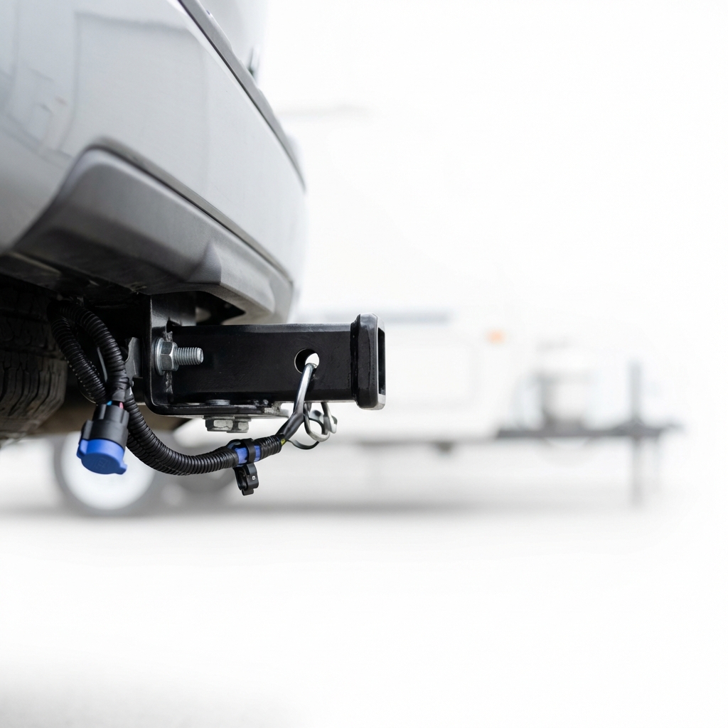 Close up of Toyota Sequoia tow hitch and wiring harness with trailer in background showing clear connectors and secure mounting toyota sequoia for sale