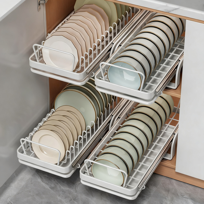 Pull-out dish shelf for kitchen cabinets