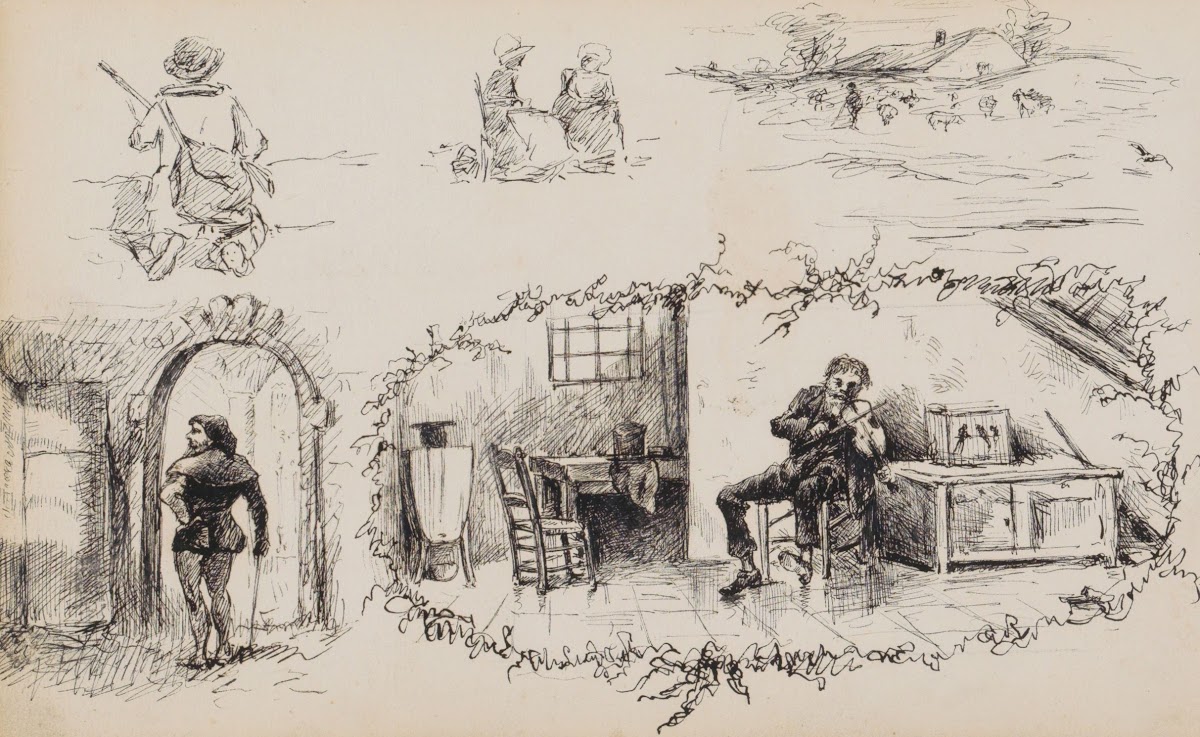 Studieblad onder andere met een vioolspelende man 1880