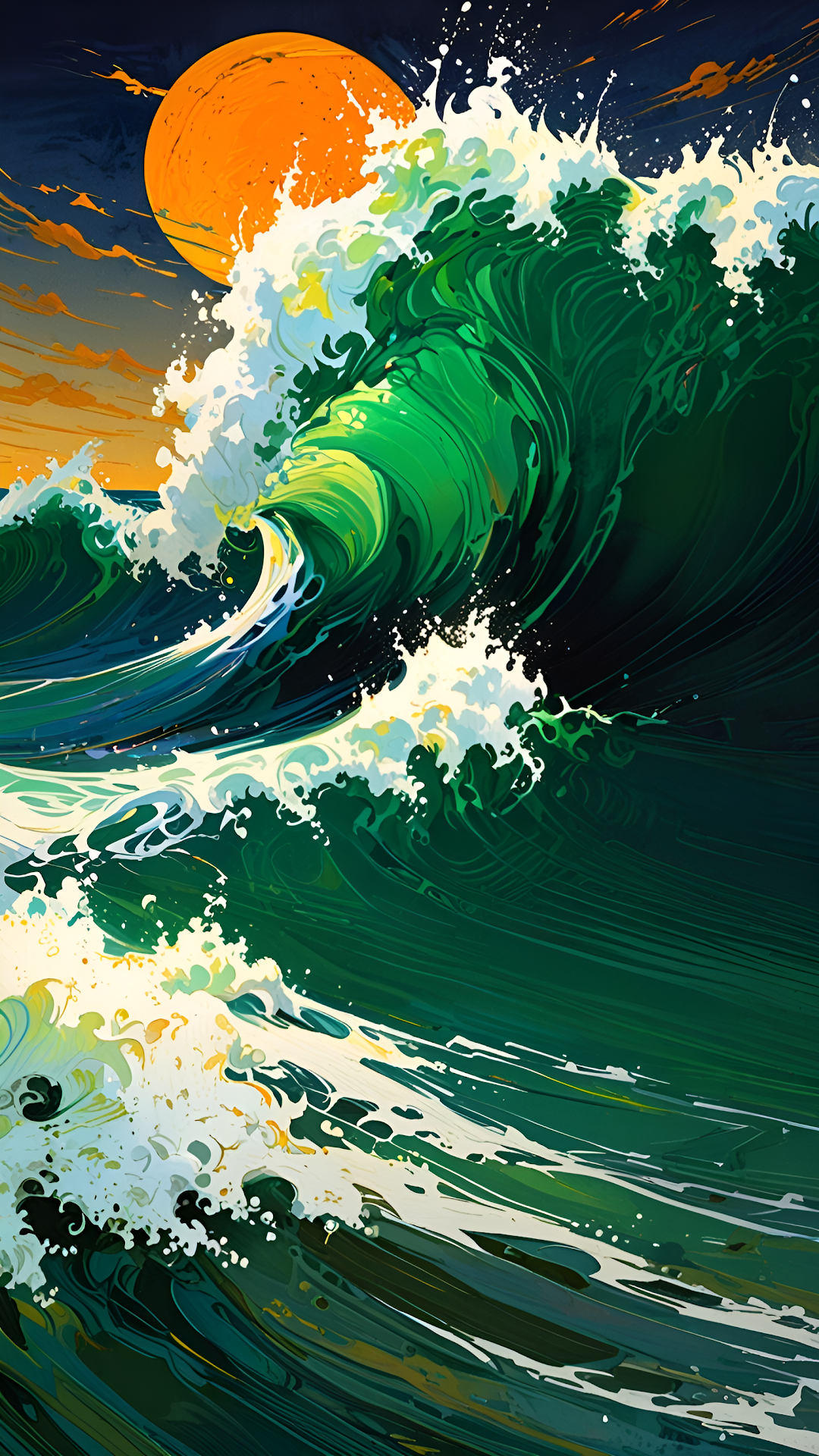 Giant Emerald Ocean Wave Crashing Sunrise Japanese Style Art - Free 4K mobile Wallpaper