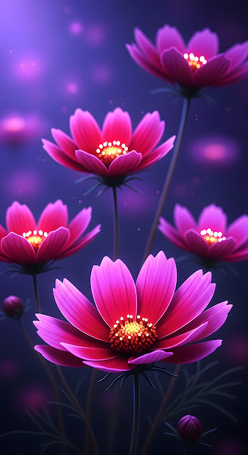 Glowing Pink Cosmos Flowers, Deep Purple Bokeh Effect - Free mobile Wallpaper