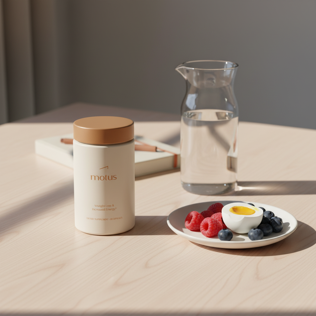 Motus supplement jar on wooden table with carafe, plate with egg and berries, and journal in a minimalist Tonum setting — do ketones help you lose weight