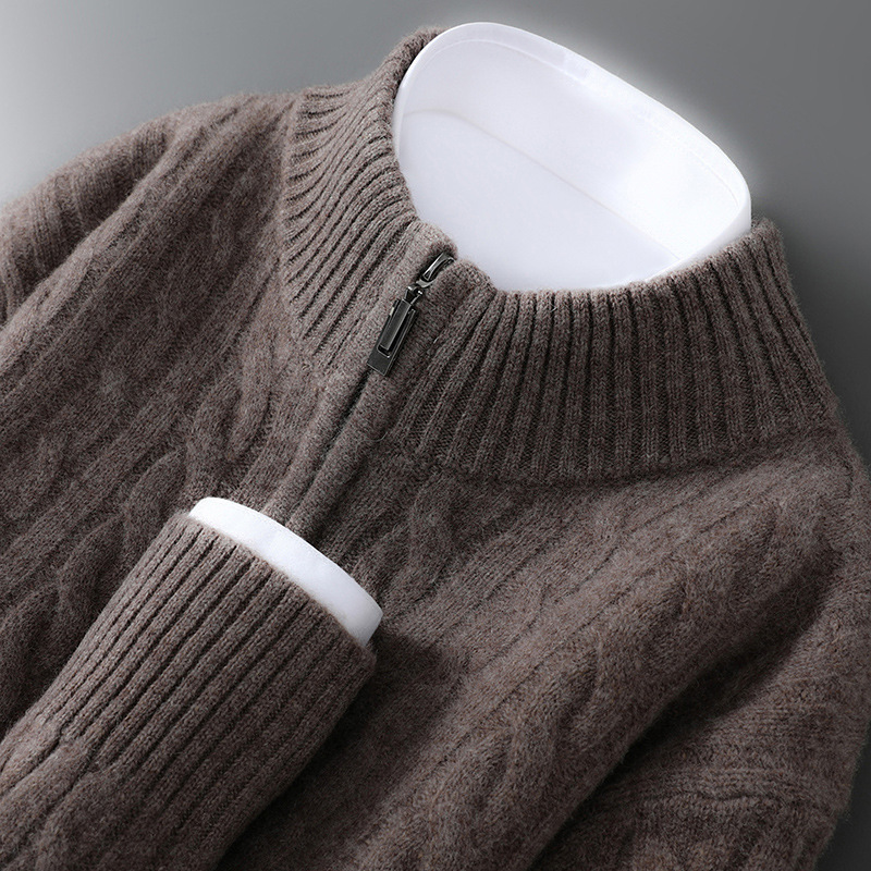 Men's wool sweater, 100% wool, zipper, cable pattern